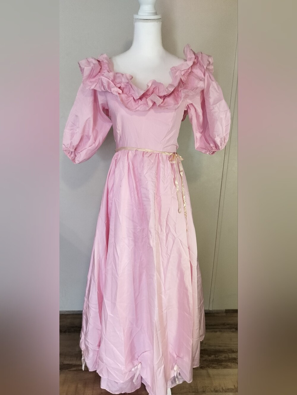 Pink Ruffle-Trim Maxi Dress with Puff Sleeves